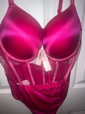 Fuchsia Rhinestone Longline Bodysuit - Women Intimates